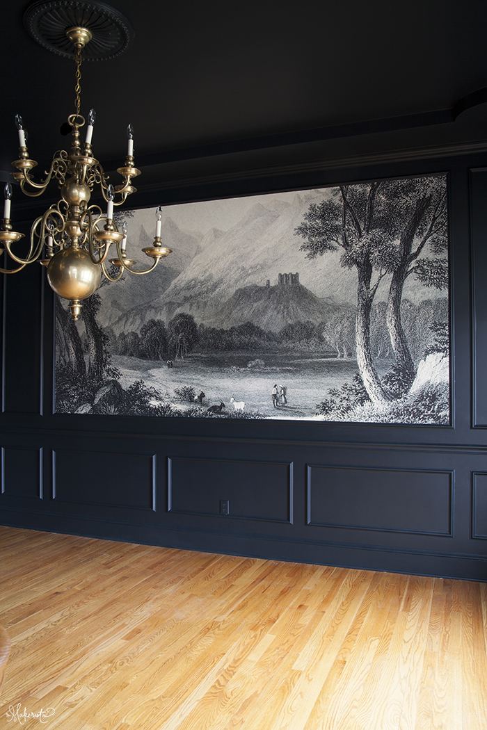 The Makerista-Dining Room-Walls Republic-Mural-Black Blue-Farrow and Ball-Chandelier-Williamsburg